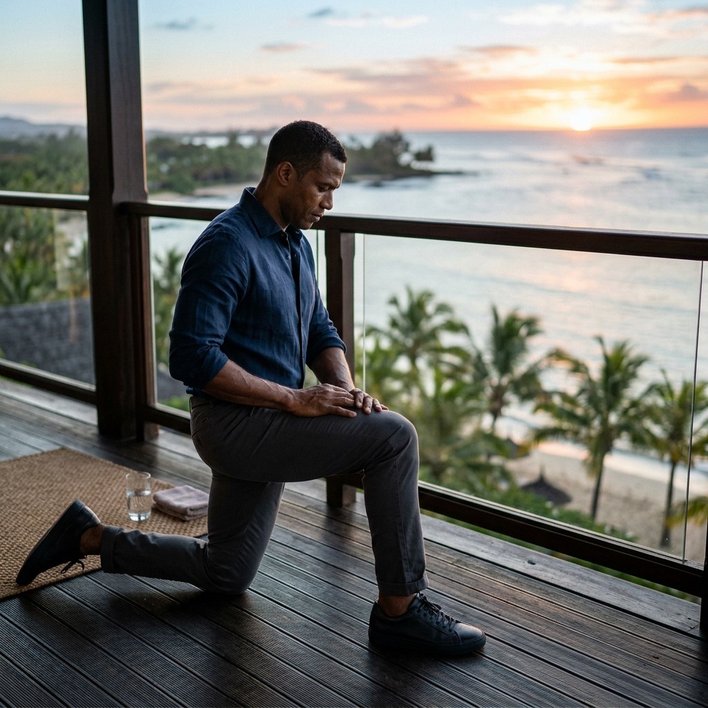 A focused executive at sunrise — the long-term excellence model