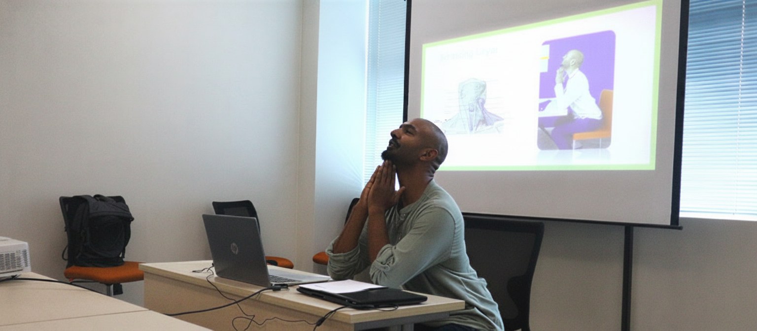 Victor demonstrating a neck release in a corporate seminar