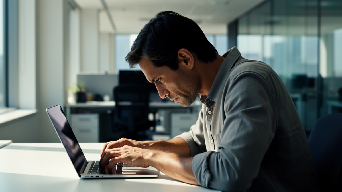 Office worker holding their neck — cervical fascia compression after long screen hours