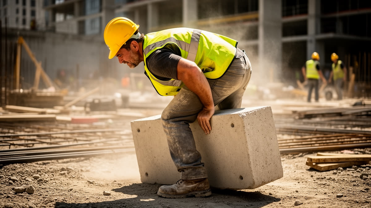 Builder holding their lower back on site — Superficial Back Line + Spiral Line breakdown