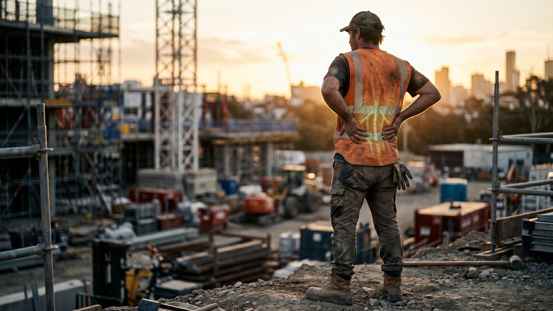 Builder holding their lower back on site — Superficial Back Line and Spiral Line breakdown