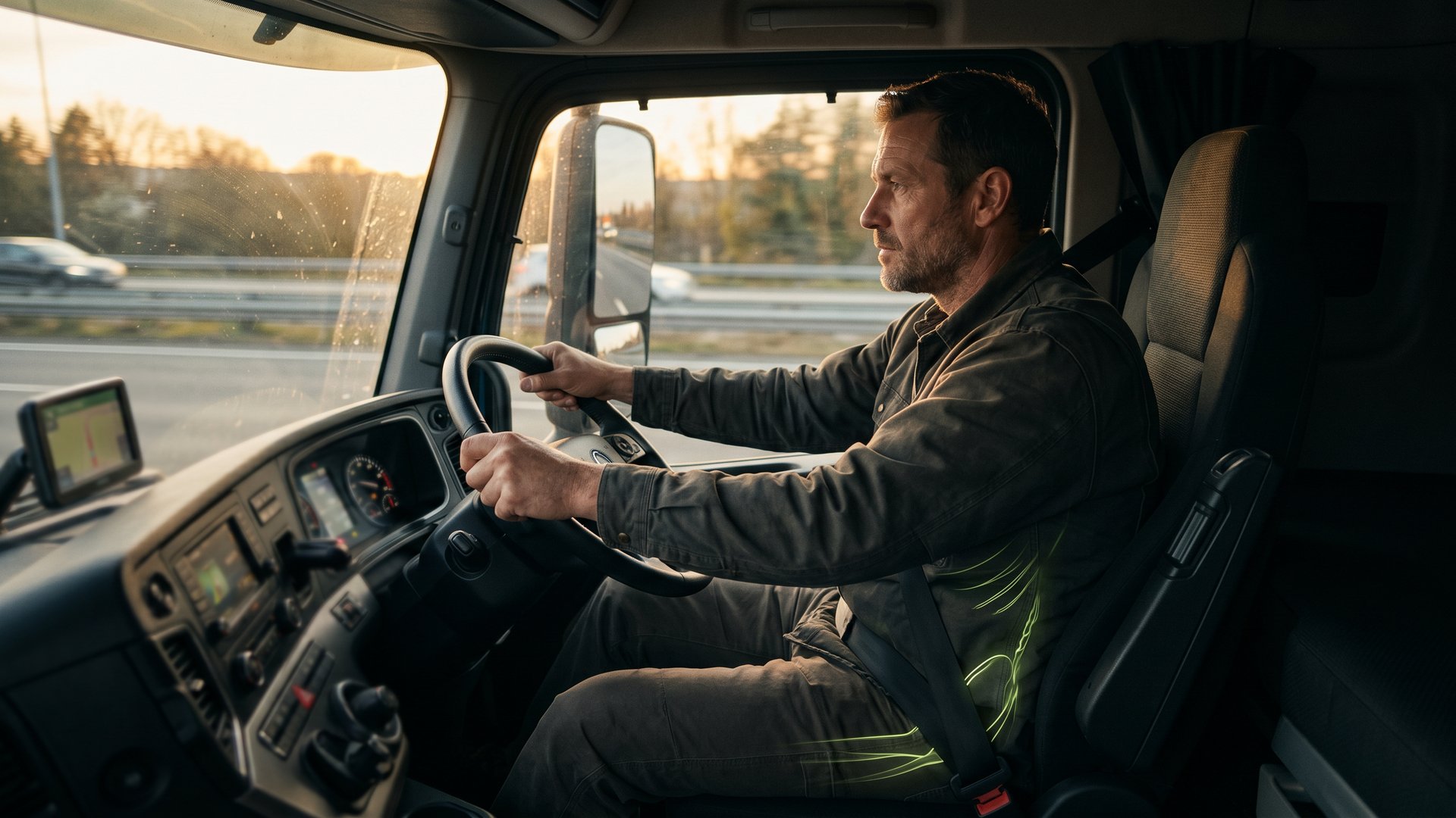 Driver stepping out of the cab holding hip — lateral line and psoas seizure