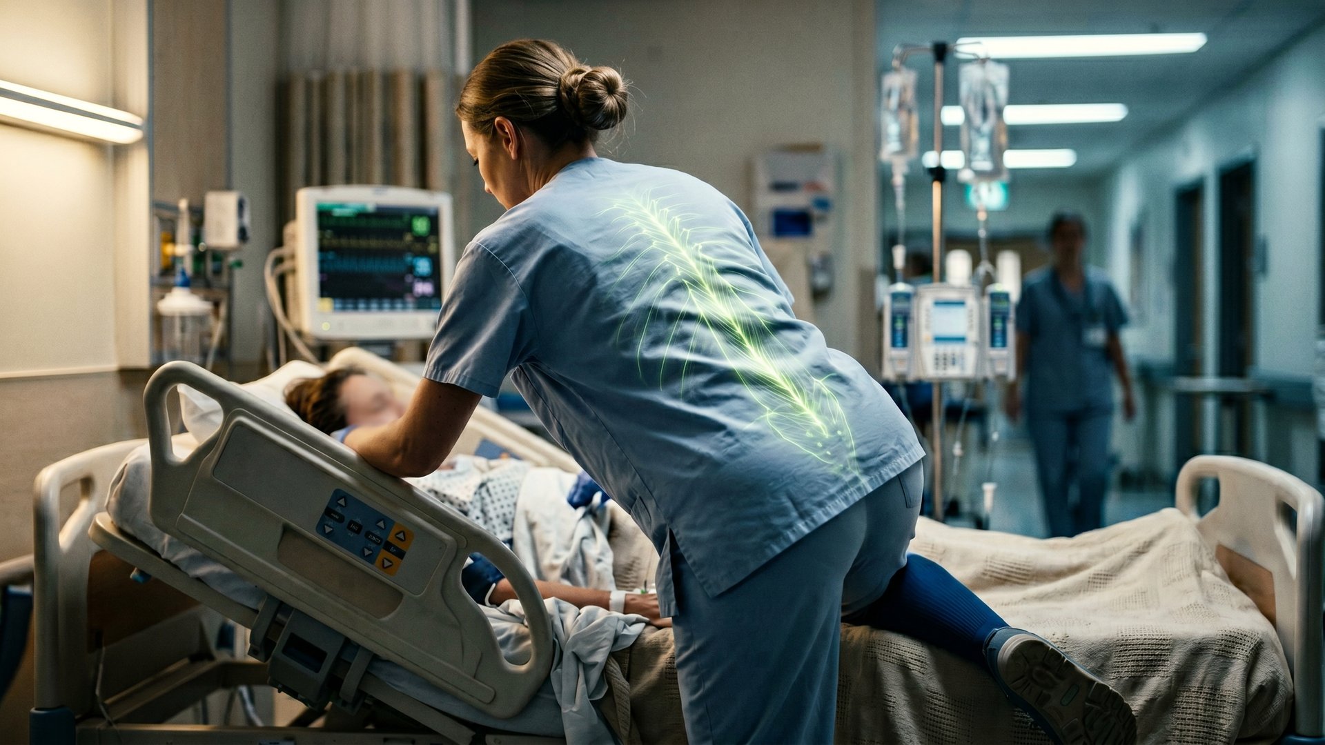 Nurse holding shoulder mid-shift — Deep Front Line and plantar fascia load
