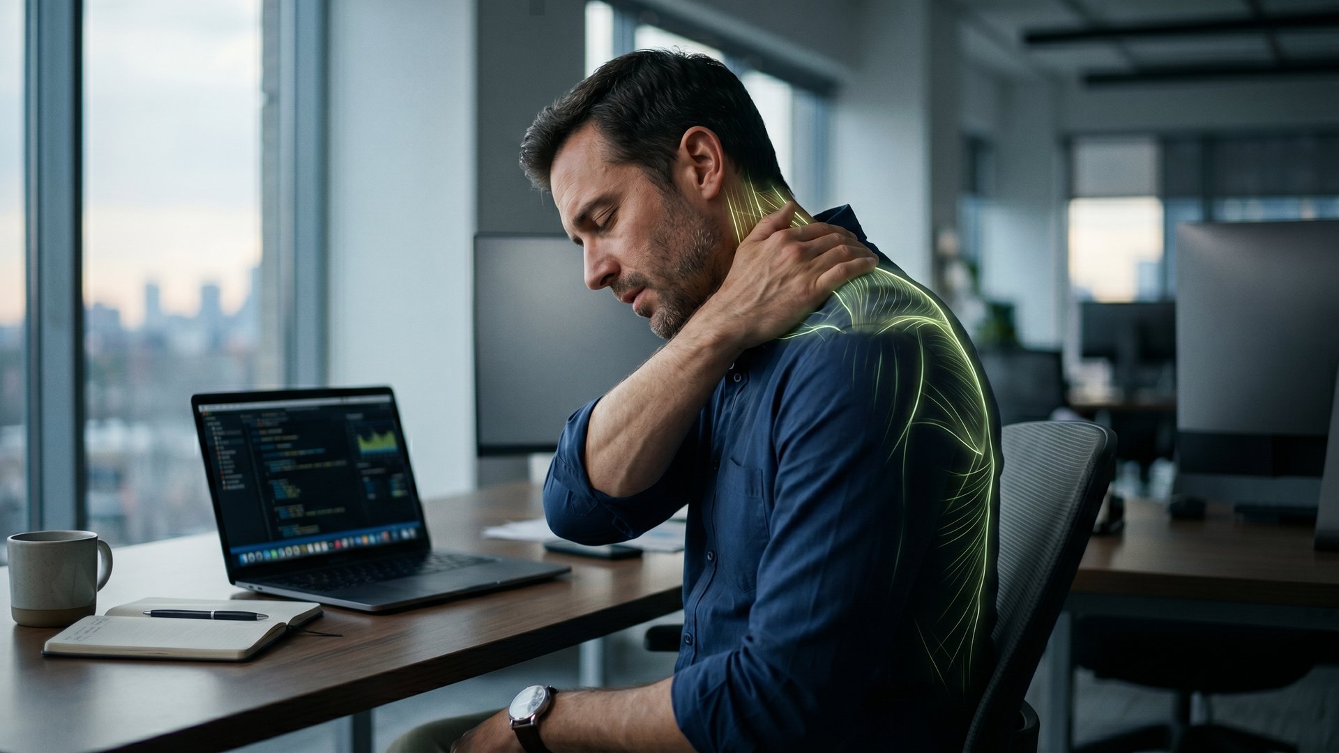 Office worker holding their neck — cervical fascia compression after long screen hours