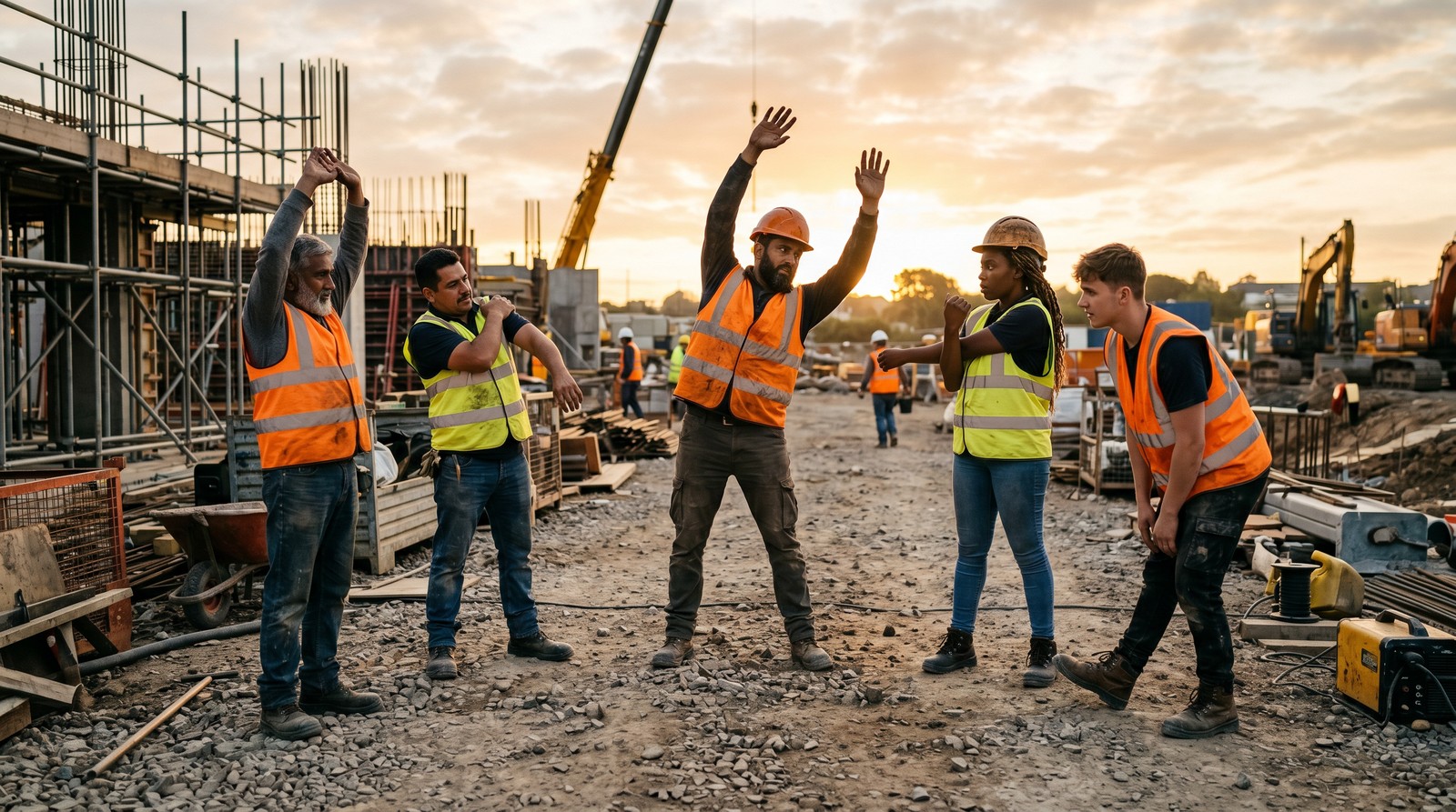 Crew of construction workers in a morning stretch circle on site