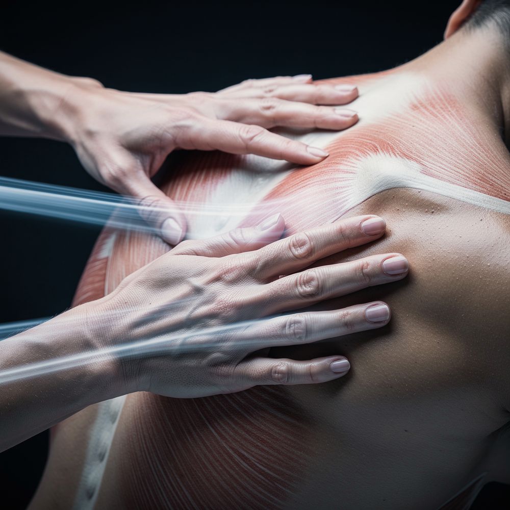 Hands working into the muscle and fascia of a shoulder