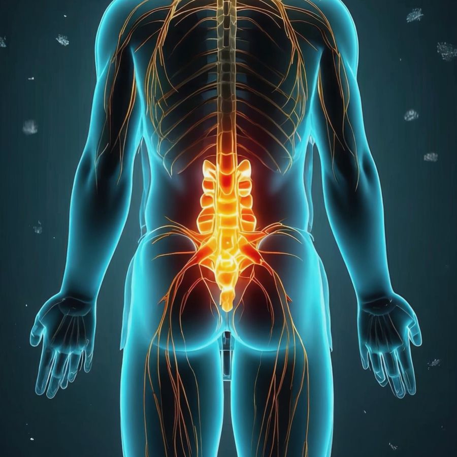 Render of a lower back with the lumbar spine lit