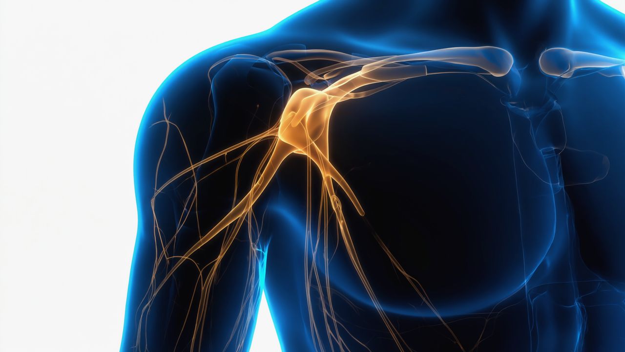 Render of a shoulder with the fascial lines lit